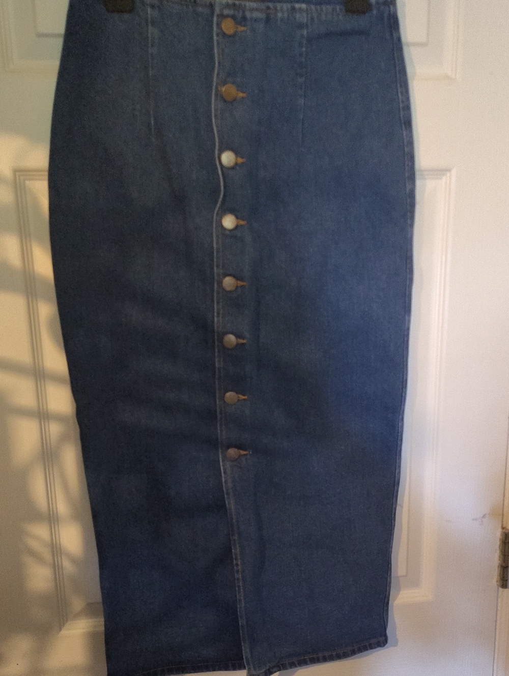 High-Waist Blue Denim Button-Front Midi Skirt